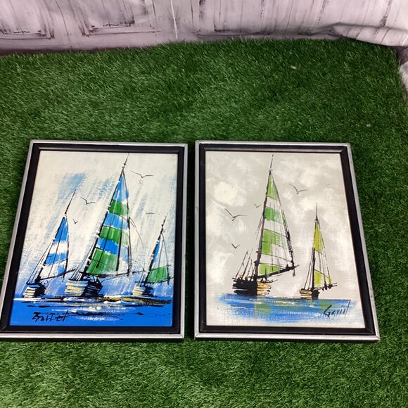 Vintage Mid Century Oil Painting Set Signed Sail Boats - Picture 16 of 16